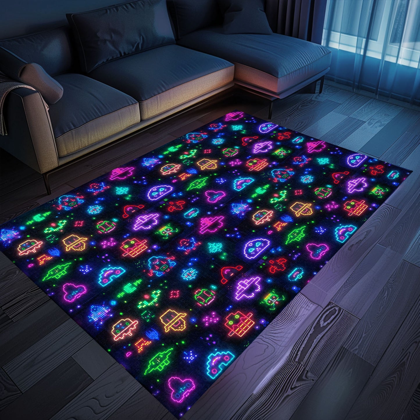 Elevate Your Home Décor with the Iconic Dark and Neon 80s Arcade NES Game 8bit Area Rug, Arcade Decor, Gift for Gamers, Video Game Lovers G322