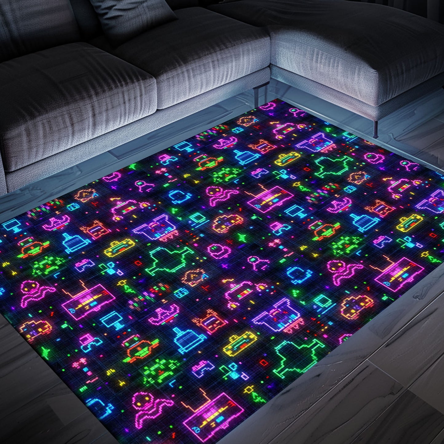 Immerse Yourself in Nostalgia with Dark and Neon 80s Arcade NES Game 8bit Area Rug for Your Living Room, Arcade Decor, Gift for Gamers, Video Game Lovers G321