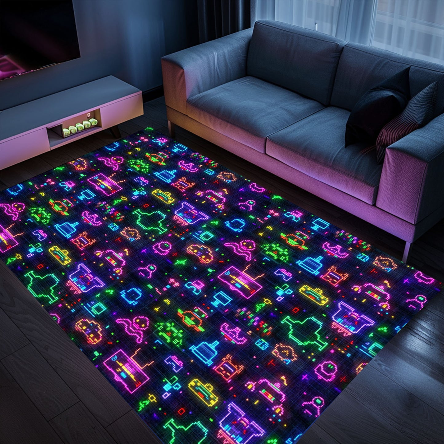 Immerse Yourself in Nostalgia with Dark and Neon 80s Arcade NES Game 8bit Area Rug for Your Living Room, Arcade Decor, Gift for Gamers, Video Game Lovers G321