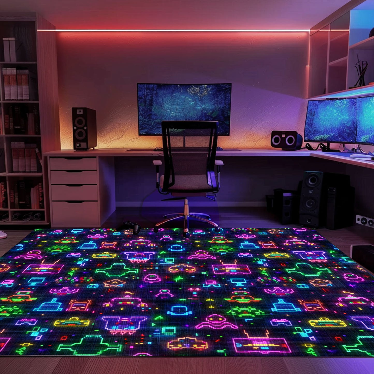 Immerse Yourself in Nostalgia with Dark and Neon 80s Arcade NES Game 8bit Area Rug for Your Living Room, Arcade Decor, Gift for Gamers, Video Game Lovers G321