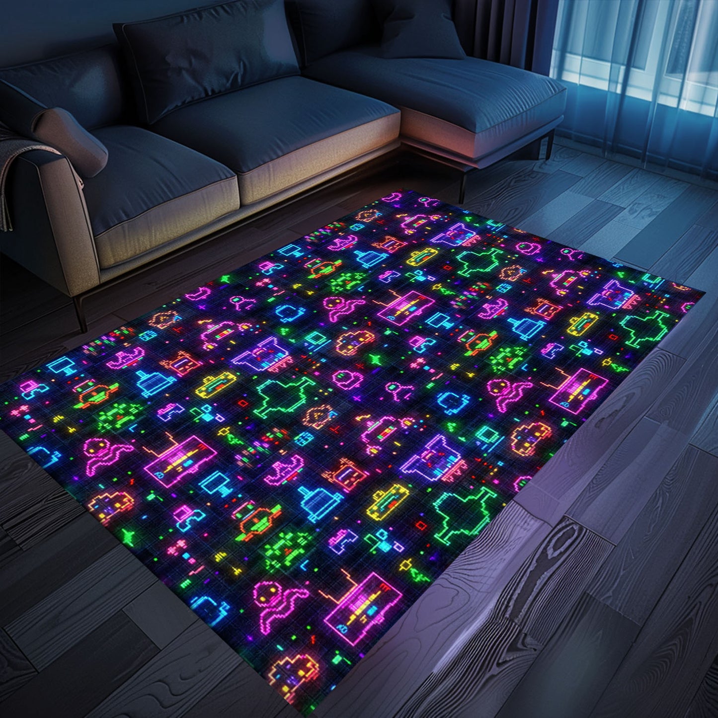 Immerse Yourself in Nostalgia with Dark and Neon 80s Arcade NES Game 8bit Area Rug for Your Living Room, Arcade Decor, Gift for Gamers, Video Game Lovers G321