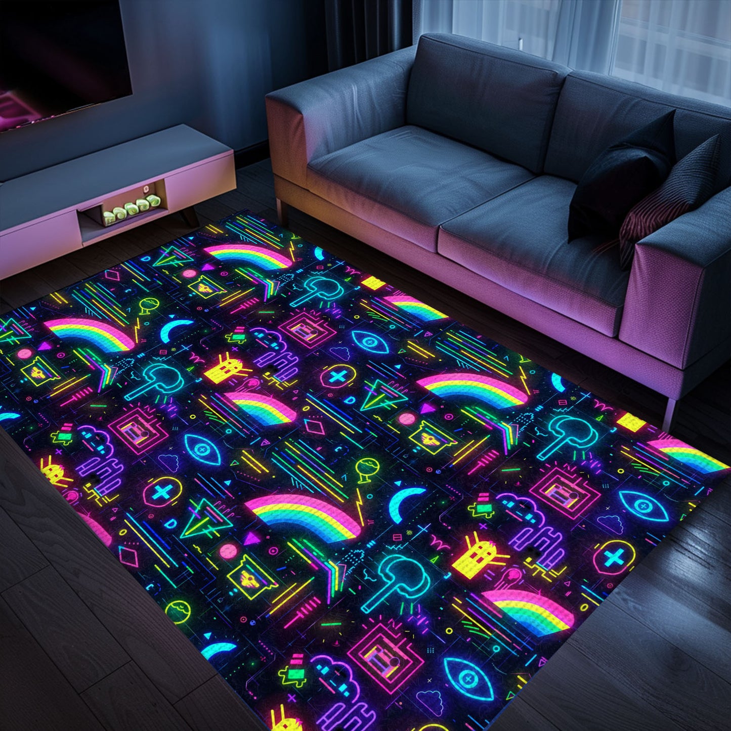 Dark and Neon 80s Arcade NES Game 8bit Area Rug: Perfect for Creating Gaming Zones in Your Home, Arcade Decor, Gift for Gamers, Video Game Lovers G320