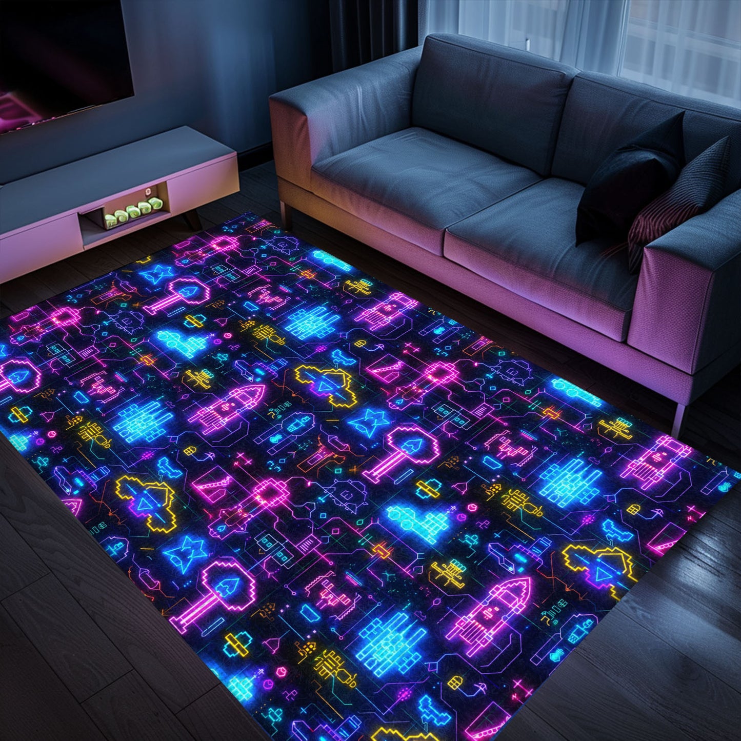 Level Up Your Decor with the Dark and Neon 80s Arcade NES Game 8bit Area Rug, Arcade Decor, Gift for Gamers, Video Game Lovers G317