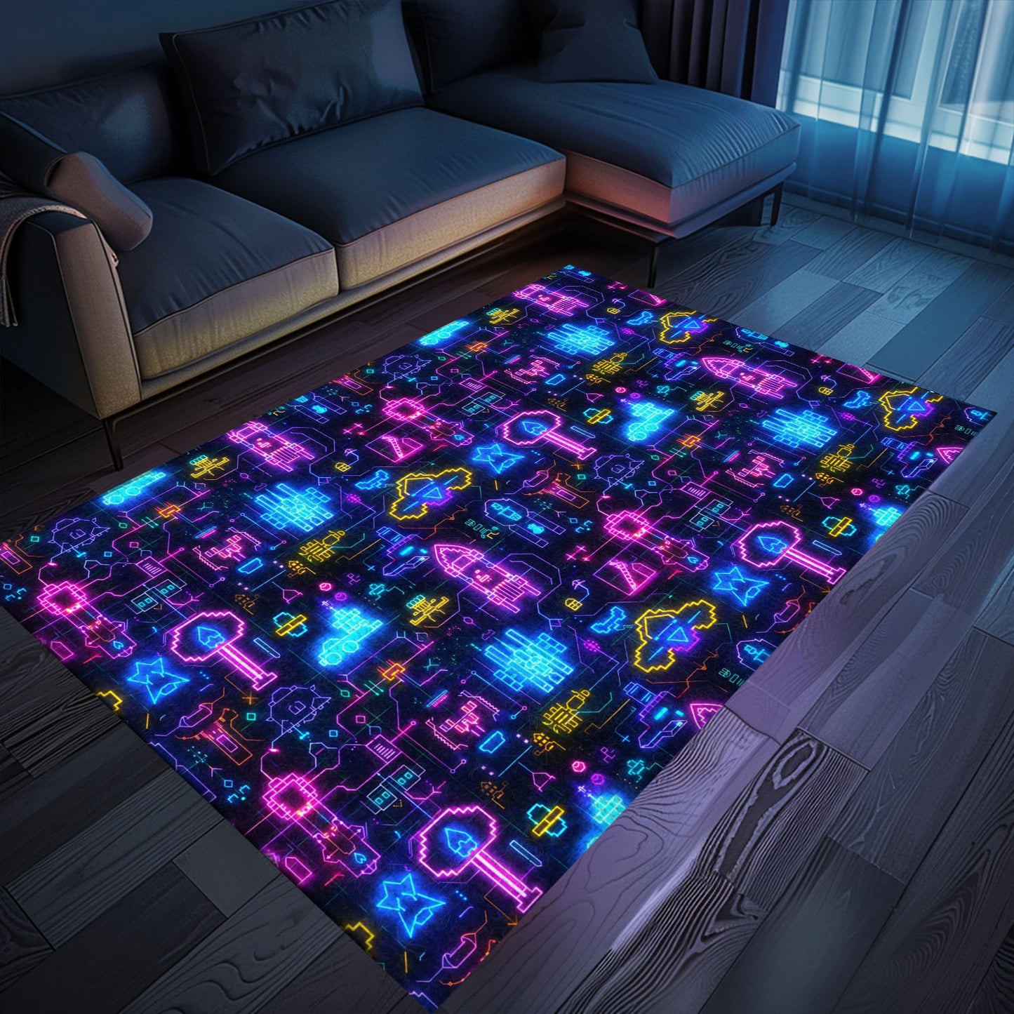 Level Up Your Decor with the Dark and Neon 80s Arcade NES Game 8bit Area Rug, Arcade Decor, Gift for Gamers, Video Game Lovers G317