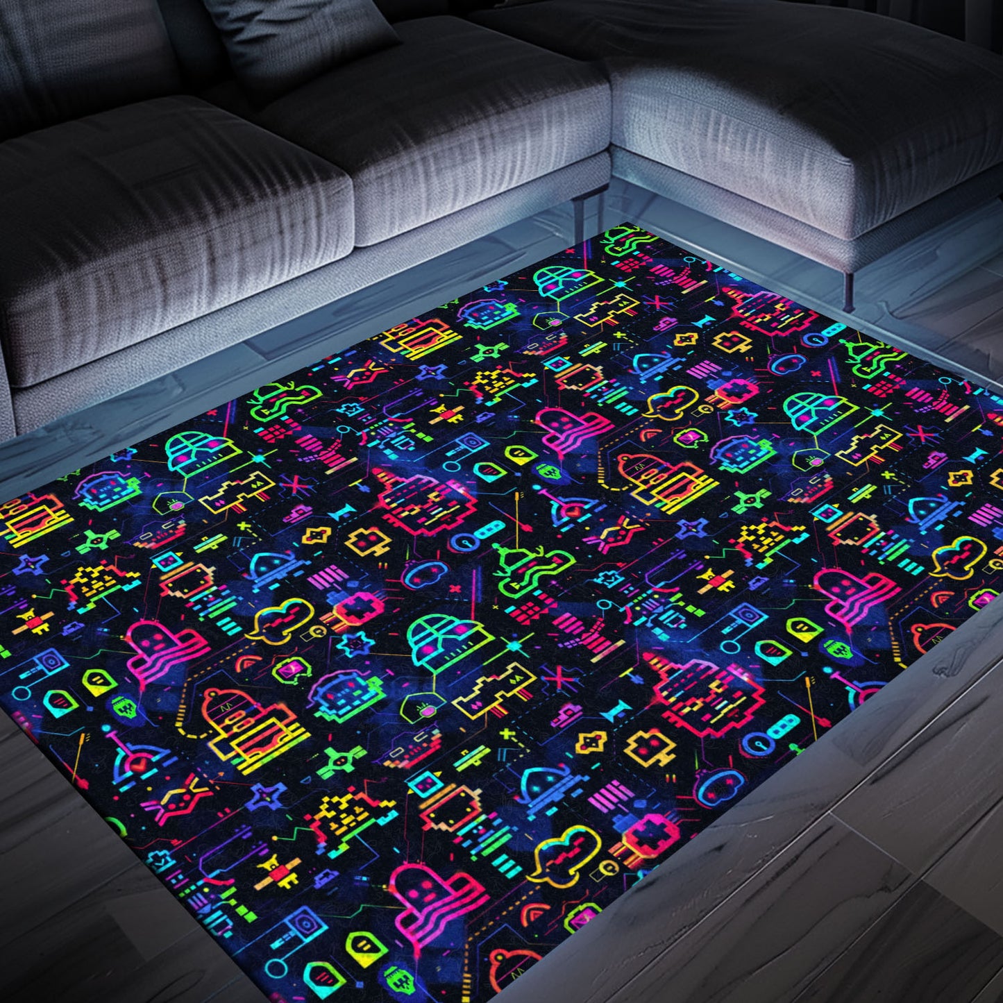 Infuse Your Living Space with Retro Charm Using the Dark and Neon 80s Arcade NES Game 8bit Area Rug, Arcade Decor, Gift for Gamers, Video Game Lovers G315