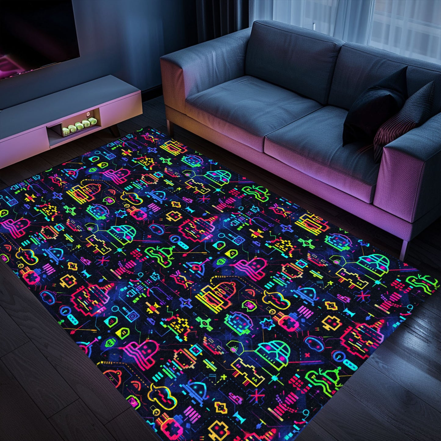 Infuse Your Living Space with Retro Charm Using the Dark and Neon 80s Arcade NES Game 8bit Area Rug, Arcade Decor, Gift for Gamers, Video Game Lovers G315