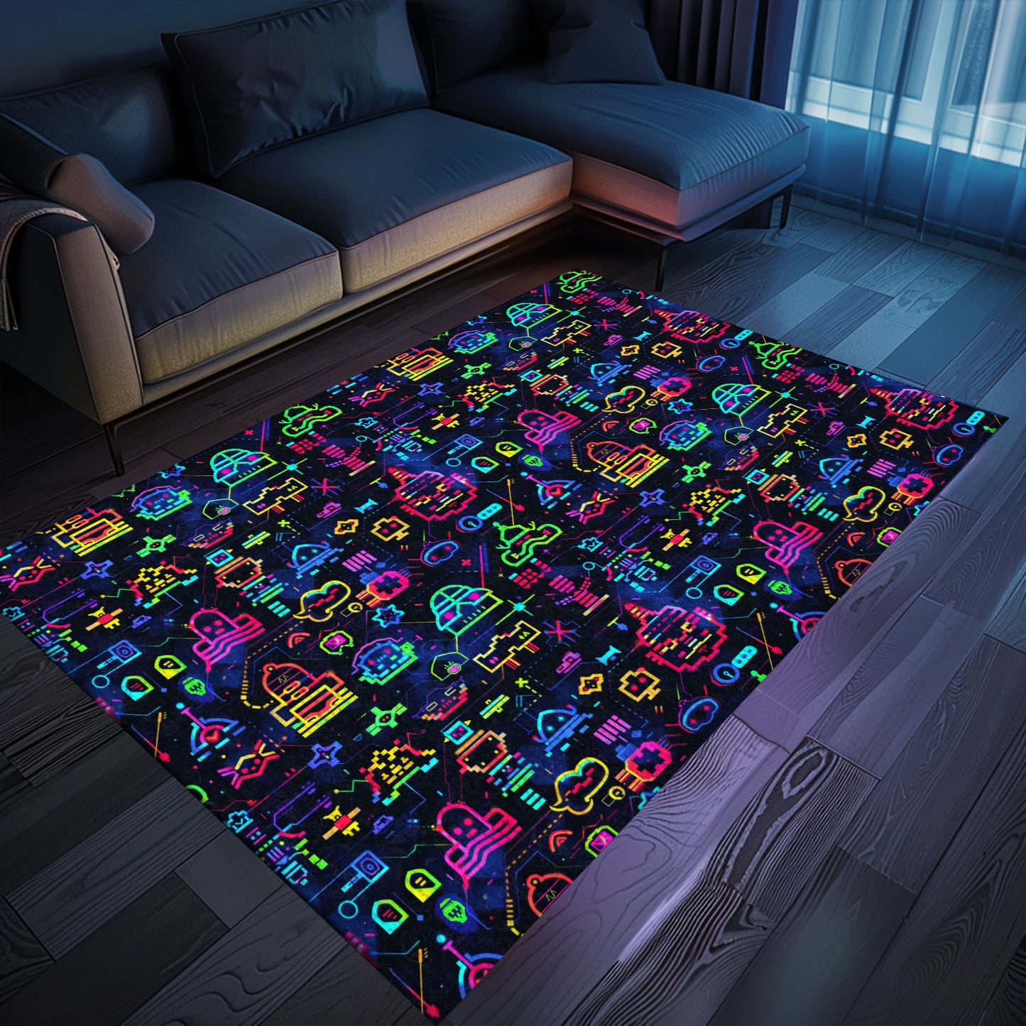 Infuse Your Living Space with Retro Charm Using the Dark and Neon 80s Arcade NES Game 8bit Area Rug, Arcade Decor, Gift for Gamers, Video Game Lovers G315