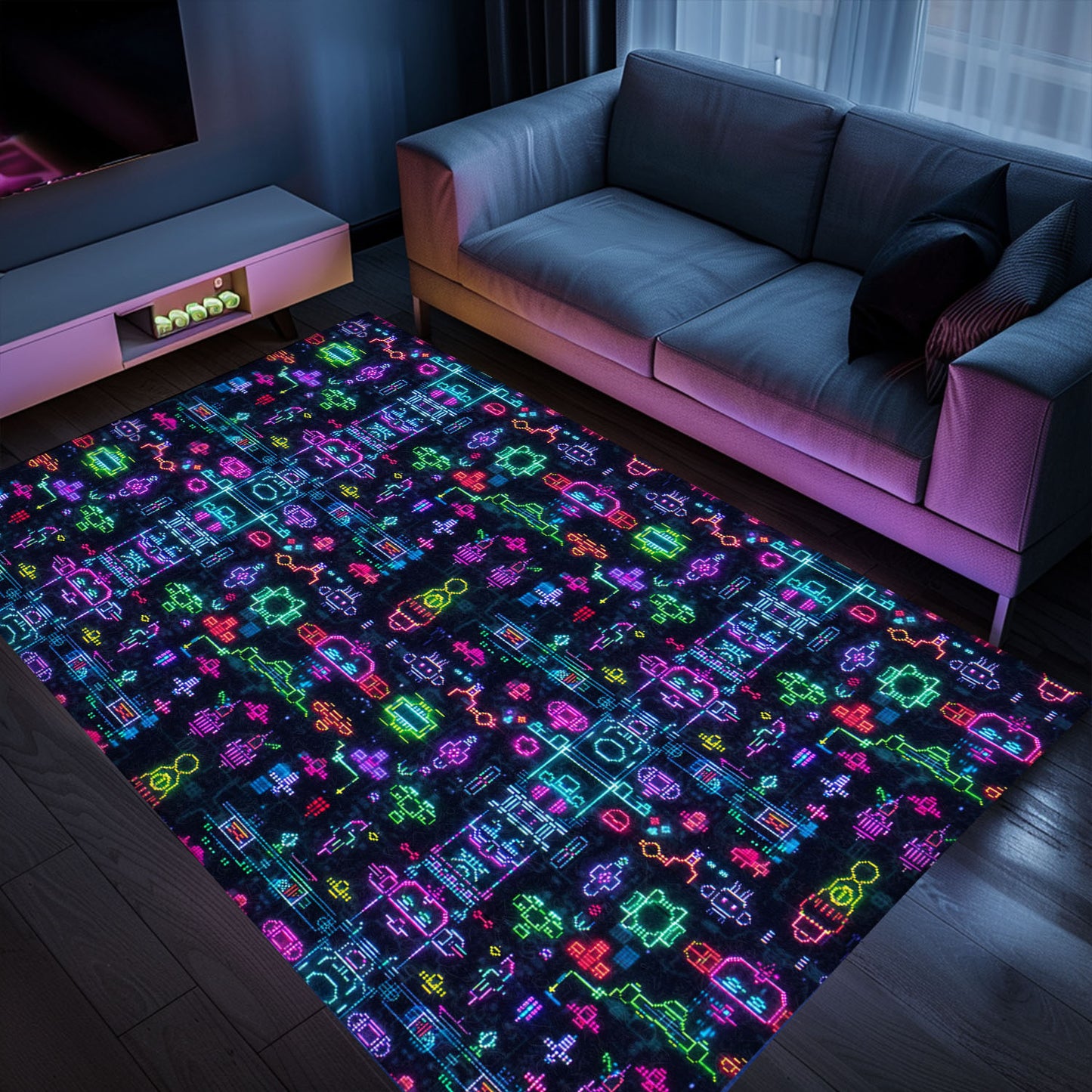 Bring the Arcade Experience Home with the Dark and Neon 80s Arcade NES Game 8bit Area Rug, Arcade Decor, Gift for Gamers, Video Game Lovers G314
