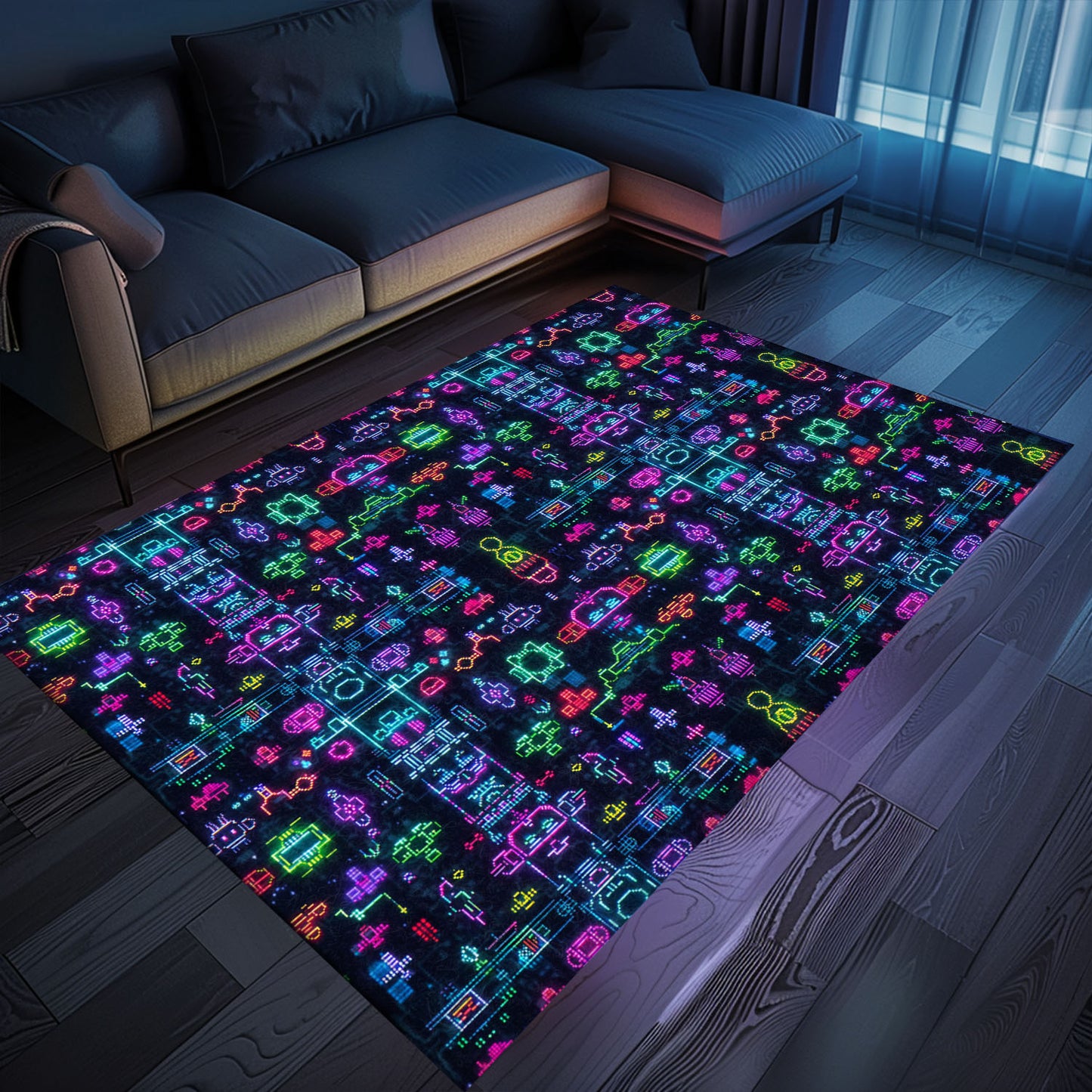 Bring the Arcade Experience Home with the Dark and Neon 80s Arcade NES Game 8bit Area Rug, Arcade Decor, Gift for Gamers, Video Game Lovers G314