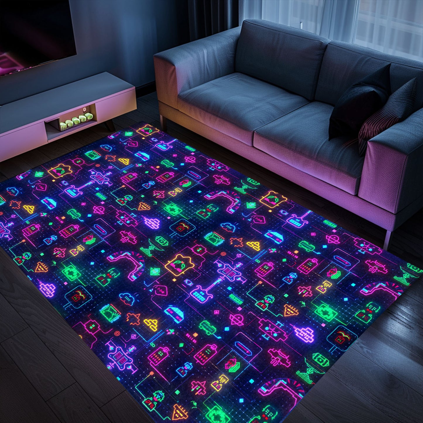 Dive into Retro Gaming Bliss with the Dark and Neon 80s Arcade NES Game 8bit Area Rug, Arcade Decor, Gift for Gamers, Video Game Lovers G311