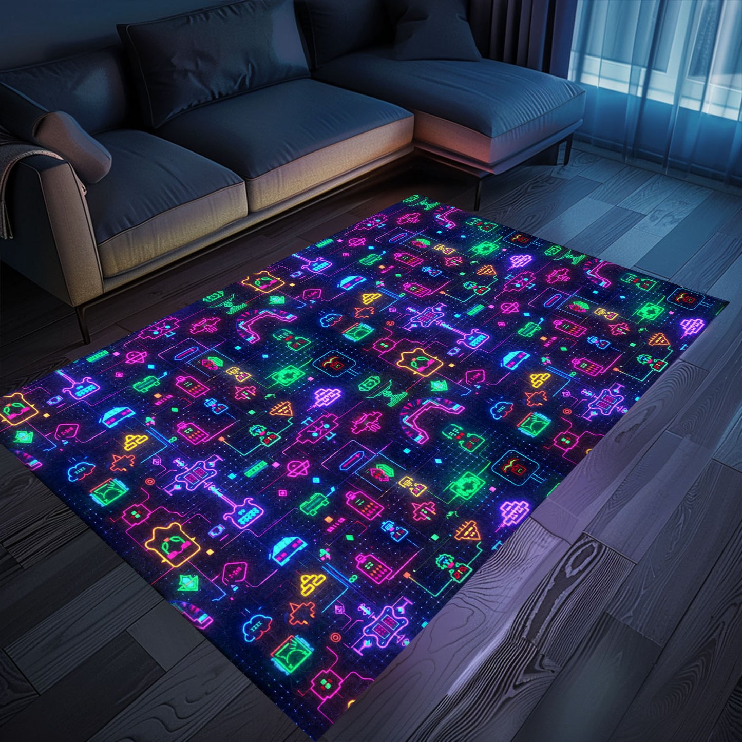 Dive into Retro Gaming Bliss with the Dark and Neon 80s Arcade NES Game 8bit Area Rug, Arcade Decor, Gift for Gamers, Video Game Lovers G311