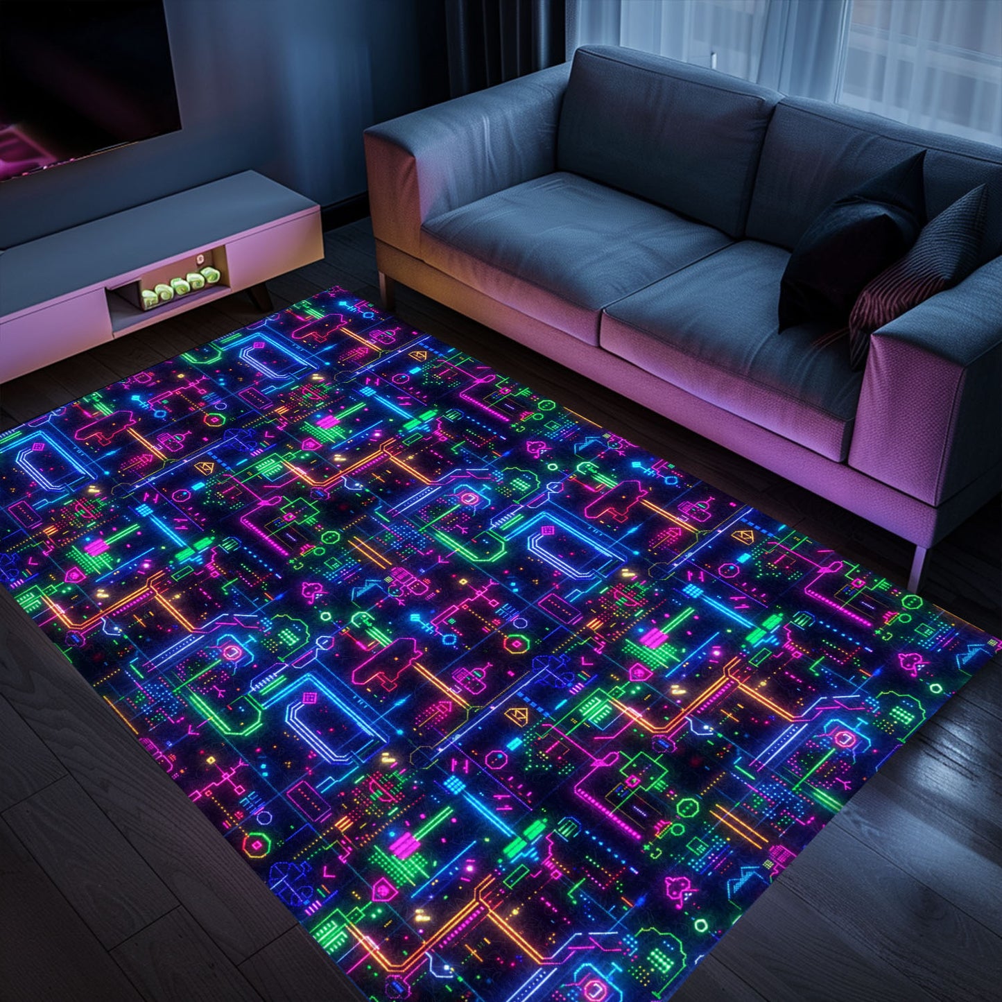 Step Into the World of Classic Gaming with the Dark and Neon 80s Arcade NES Game 8bit Area Rug, Arcade Decor, Gift for Gamers, Video Game Lovers G309