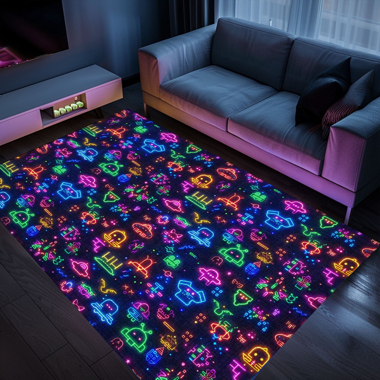 Dark and Neon 80s Arcade NES Game 8bit Area Rug: A Must-Have for Video Game Enthusiasts, Arcade Decor, Gift for Gamers, Video Game Lovers G308