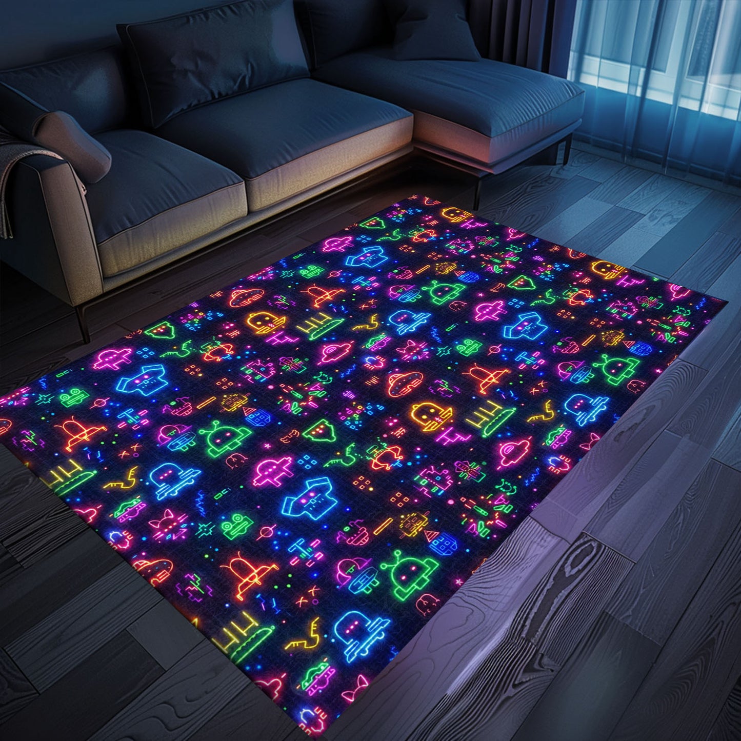 Dark and Neon 80s Arcade NES Game 8bit Area Rug: A Must-Have for Video Game Enthusiasts, Arcade Decor, Gift for Gamers, Video Game Lovers G308