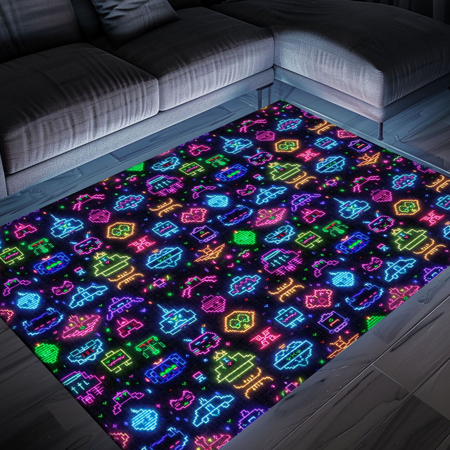 Immerse Yourself in Retro Gaming Culture with the Dark and Neon 80s Arcade NES Game 8bit Area Rug, Arcade Decor, Gift for Gamers, Video Game Lovers G305