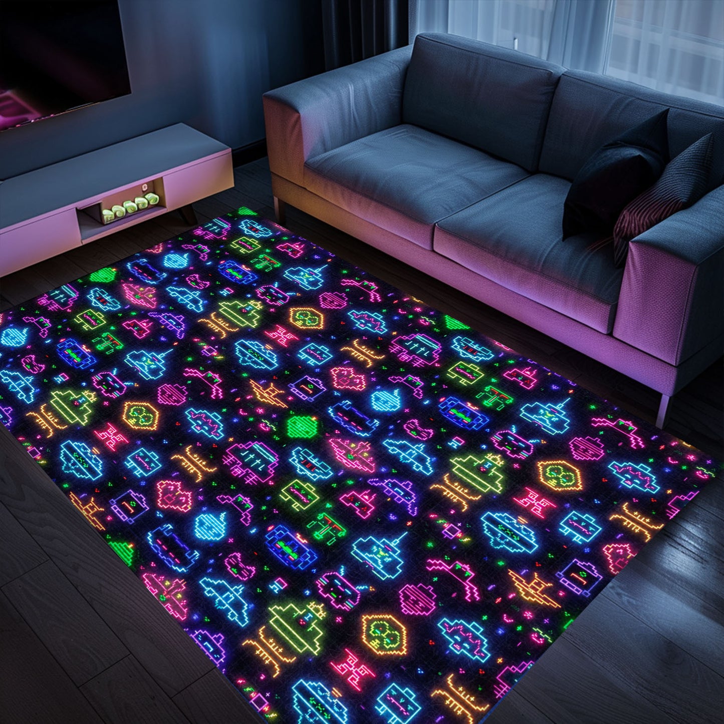 Immerse Yourself in Retro Gaming Culture with the Dark and Neon 80s Arcade NES Game 8bit Area Rug, Arcade Decor, Gift for Gamers, Video Game Lovers G305