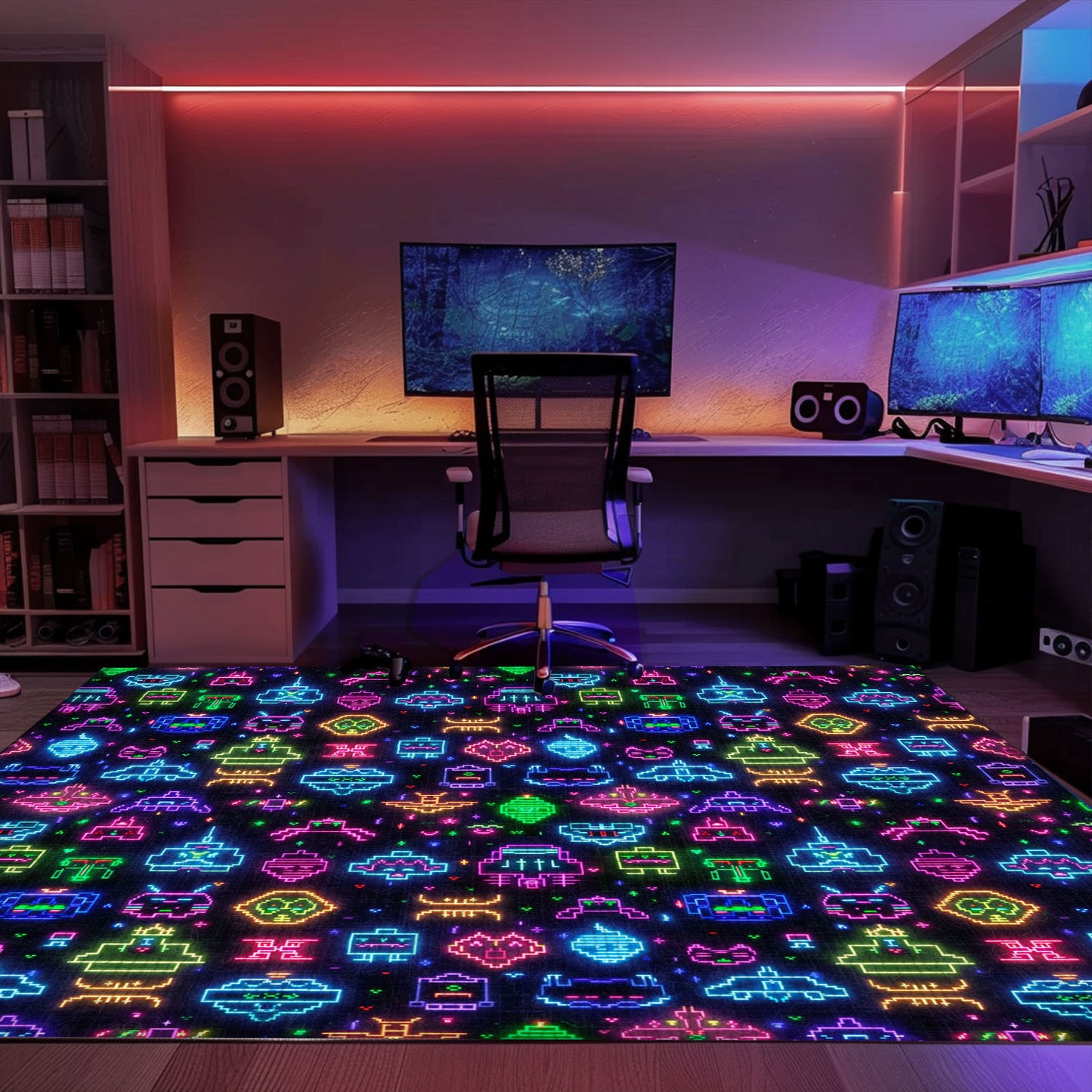 Immerse Yourself in Retro Gaming Culture with the Dark and Neon 80s Arcade NES Game 8bit Area Rug, Arcade Decor, Gift for Gamers, Video Game Lovers G305