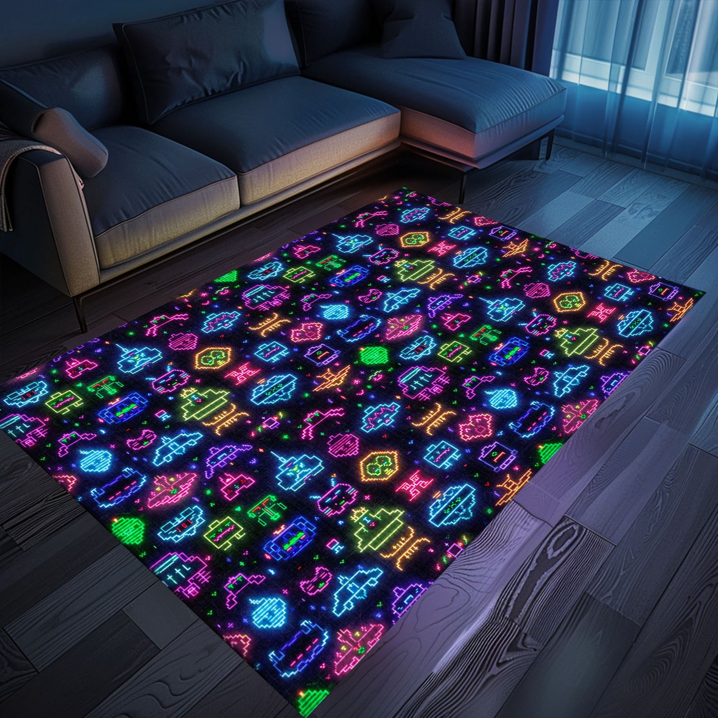 Immerse Yourself in Retro Gaming Culture with the Dark and Neon 80s Arcade NES Game 8bit Area Rug, Arcade Decor, Gift for Gamers, Video Game Lovers G305