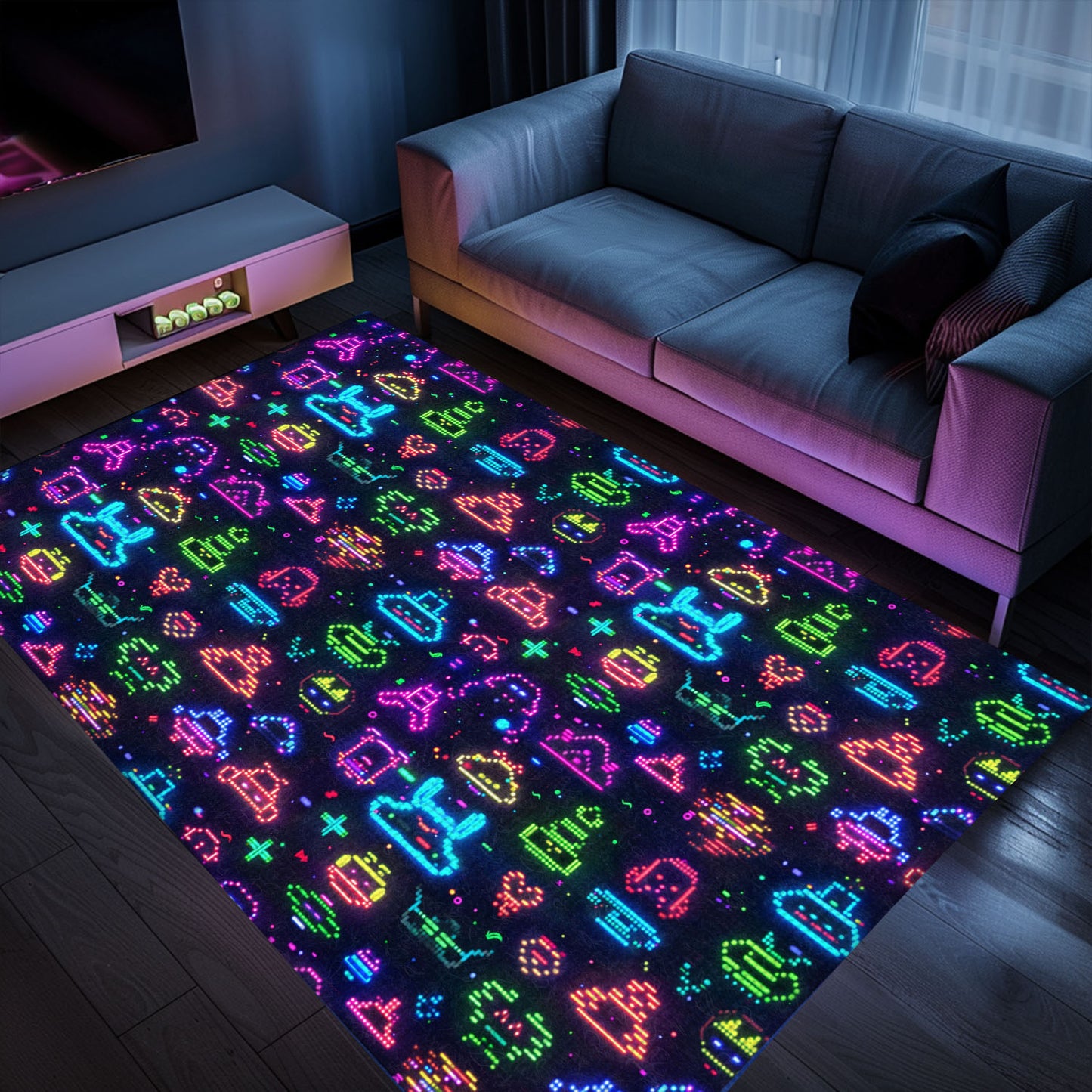 Transform Your Living Space with a Dark and Neon 80s Arcade NES Game 8bit Area Rug, Arcade Decor, Gift for Gamers, Video Game Lovers G301