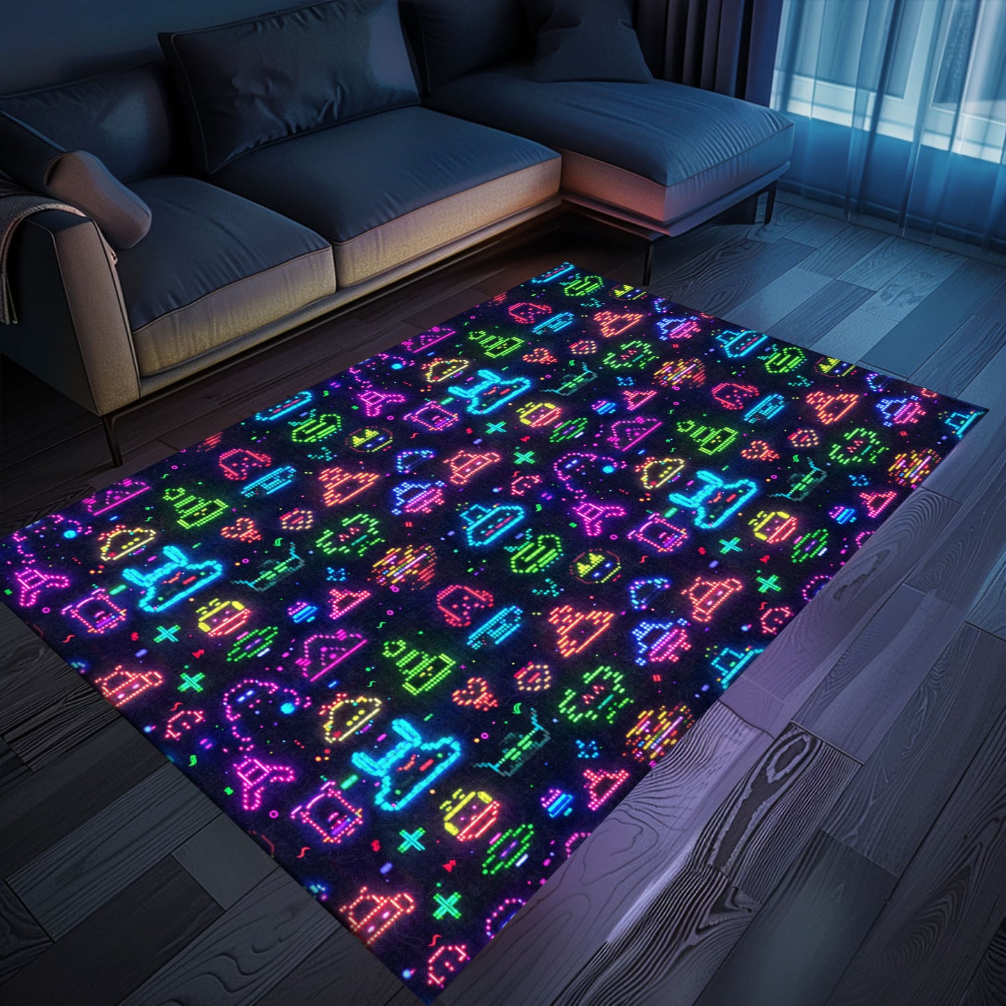 Transform Your Living Space with a Dark and Neon 80s Arcade NES Game 8bit Area Rug, Arcade Decor, Gift for Gamers, Video Game Lovers G301