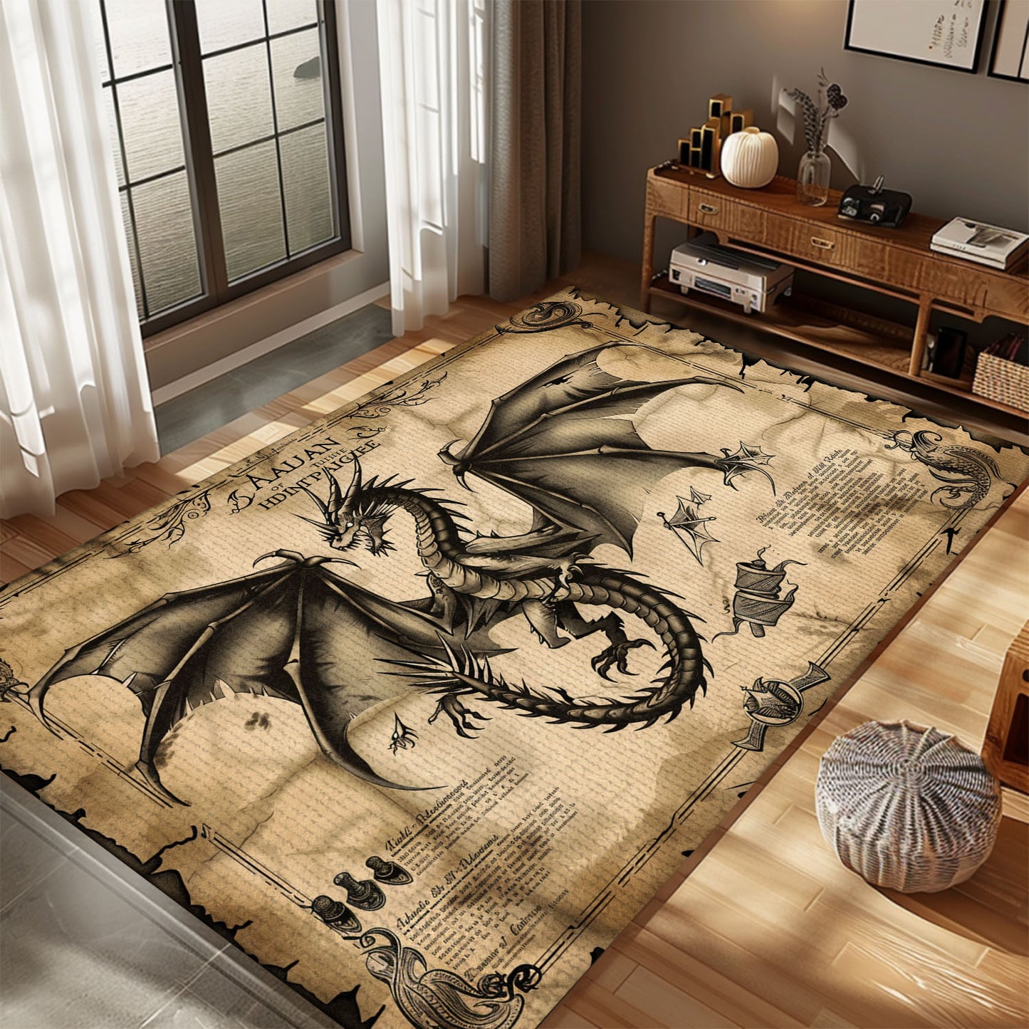 Rustic Dragon Themed Rug for Cabin - Perfect Addition to a Cozy and Rustic Home Decor, Gift For Dragon Lovers, Personalized Dragon Rug for Living Room, Bedroom Home Decor DG36