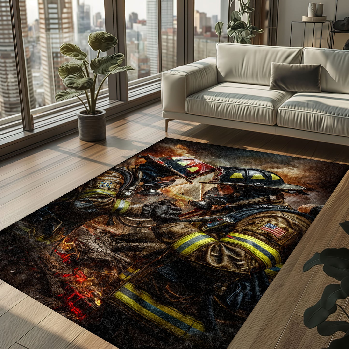Bold Fire Truck in Front of the USA Flag Area Rug: Show Support for First Responders and Nation, Firefighter Rugs for Living Room Bedroom, Firefighter Rectangular Rugs Full Size FR60