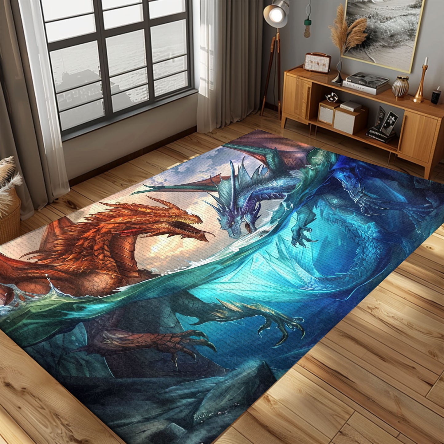 Captivating Fire and Ice Dragons Area Rug, Ideal for Adding a Dramatic and Mythical Touch to Your Space, Gift For Dragon Lovers, Personalized Dragon Rug for Living Room, Bedroom DG86