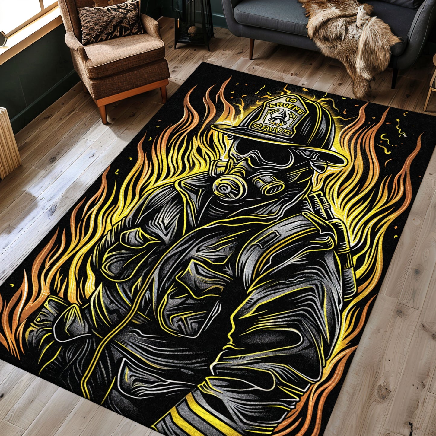 Firefighter in Full Gear Portrayed Rug: Tribute to Courageous First Responders, Firefighter Rugs for Living Room Bedroom, Firefighter Rectangular Rugs Full Size FR22