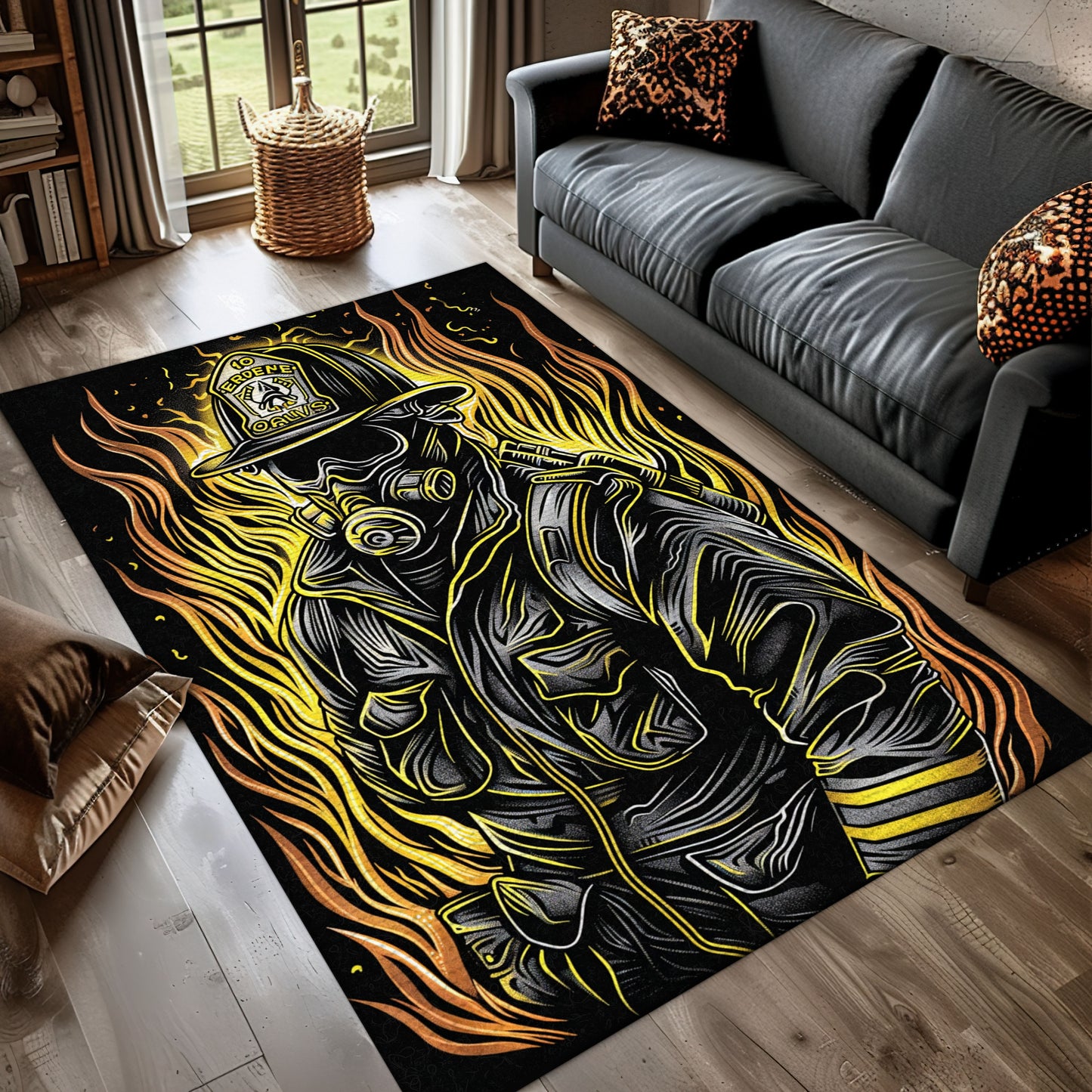Firefighter in Full Gear Portrayed Rug: Tribute to Courageous First Responders, Firefighter Rugs for Living Room Bedroom, Firefighter Rectangular Rugs Full Size FR22