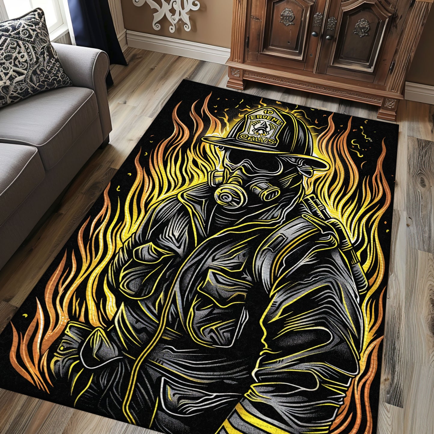 Firefighter in Full Gear Portrayed Rug: Tribute to Courageous First Responders, Firefighter Rugs for Living Room Bedroom, Firefighter Rectangular Rugs Full Size FR22
