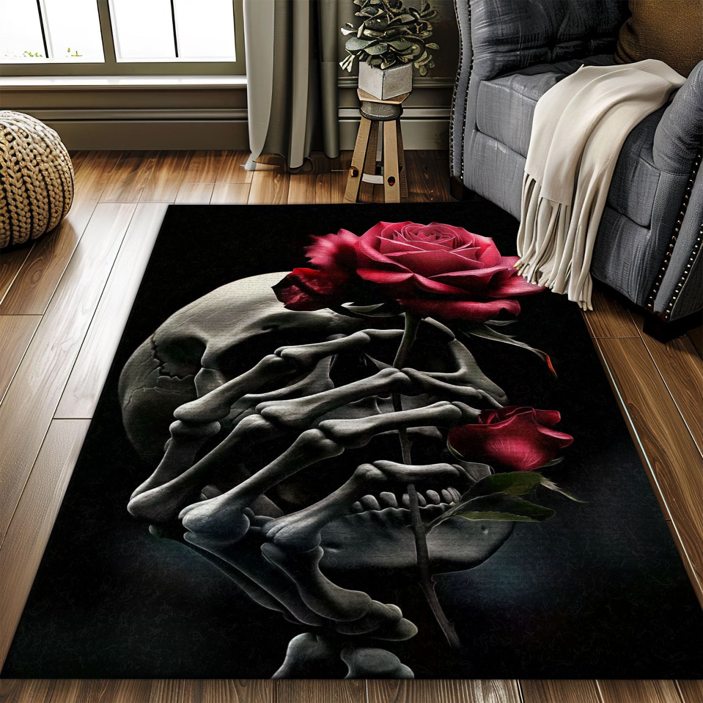 Enhance Your Bedroom Living Room with a Colorful Skull and Rose Design Rug, Skull Rug, Area Rugs 5x8, 4x6, 3x5 Size for Living Room Bedroom Home Decorative Skull K12