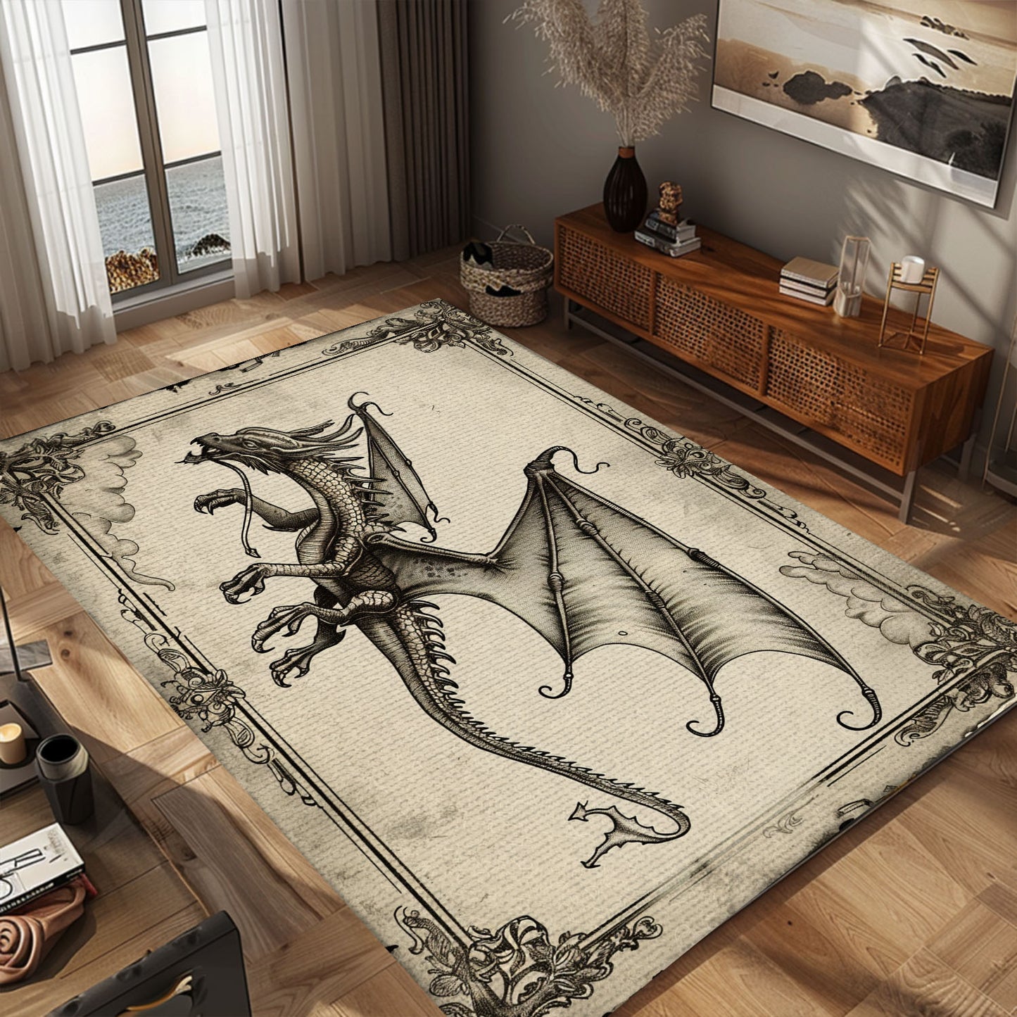 Exquisite Wyvern Dragon Area Rug with Four Legs and Long Tail, Perfect for Medieval and Fantasy-Themed Decor, Gift For Dragon Lovers, Personalized Dragon Rug for Living Room, Bedroom DG61