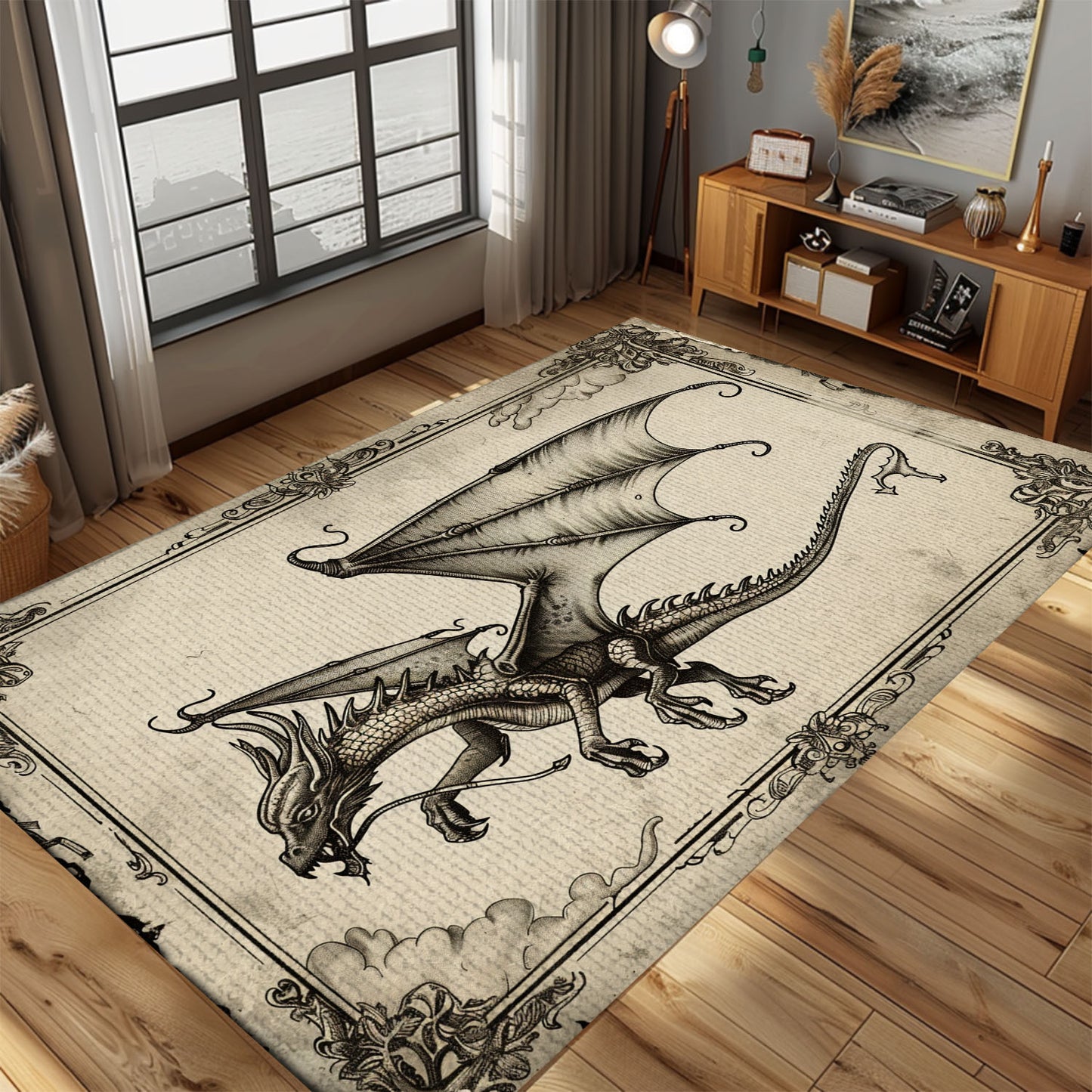 Exquisite Wyvern Dragon Area Rug with Four Legs and Long Tail, Perfect for Medieval and Fantasy-Themed Decor, Gift For Dragon Lovers, Personalized Dragon Rug for Living Room, Bedroom DG61