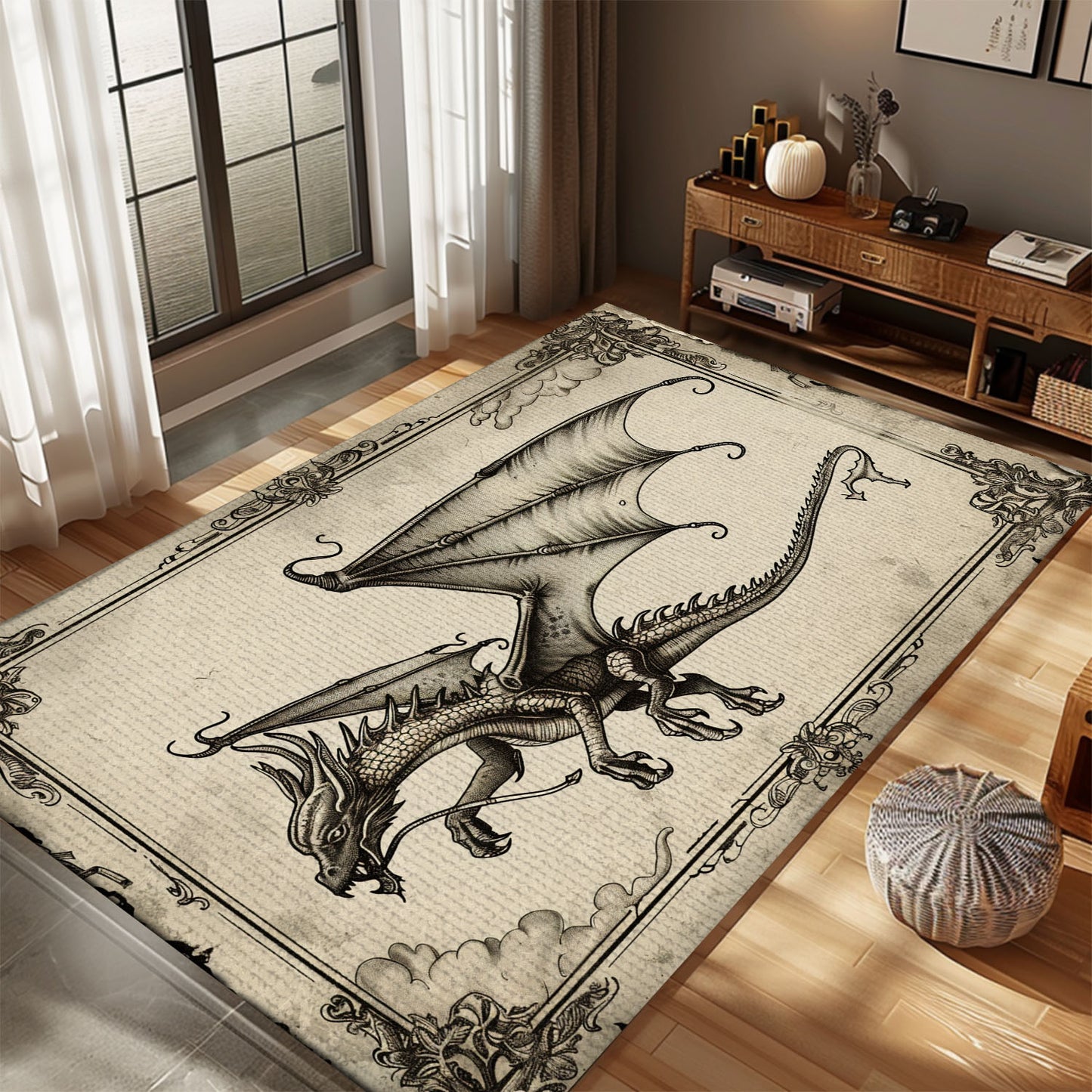 Exquisite Wyvern Dragon Area Rug with Four Legs and Long Tail, Perfect for Medieval and Fantasy-Themed Decor, Gift For Dragon Lovers, Personalized Dragon Rug for Living Room, Bedroom DG61