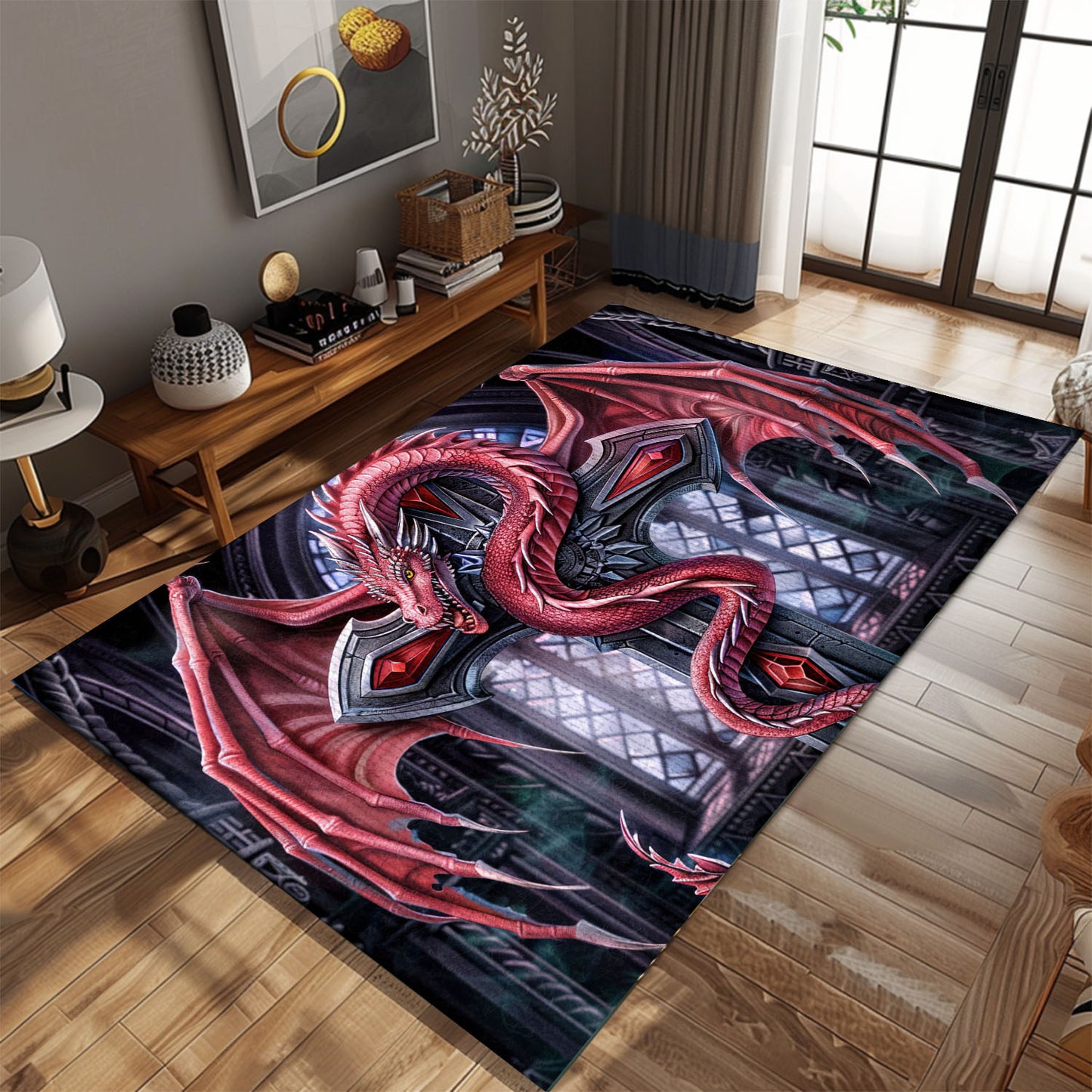 Red Dragon Coiled Around an Ornate Gothic-Style Silver Cross Area Rug, Adding a Mystical Touch to Your Space, Gift For Dragon Lovers, Personalized Dragon Rug for Living Room, Bedroom DG112