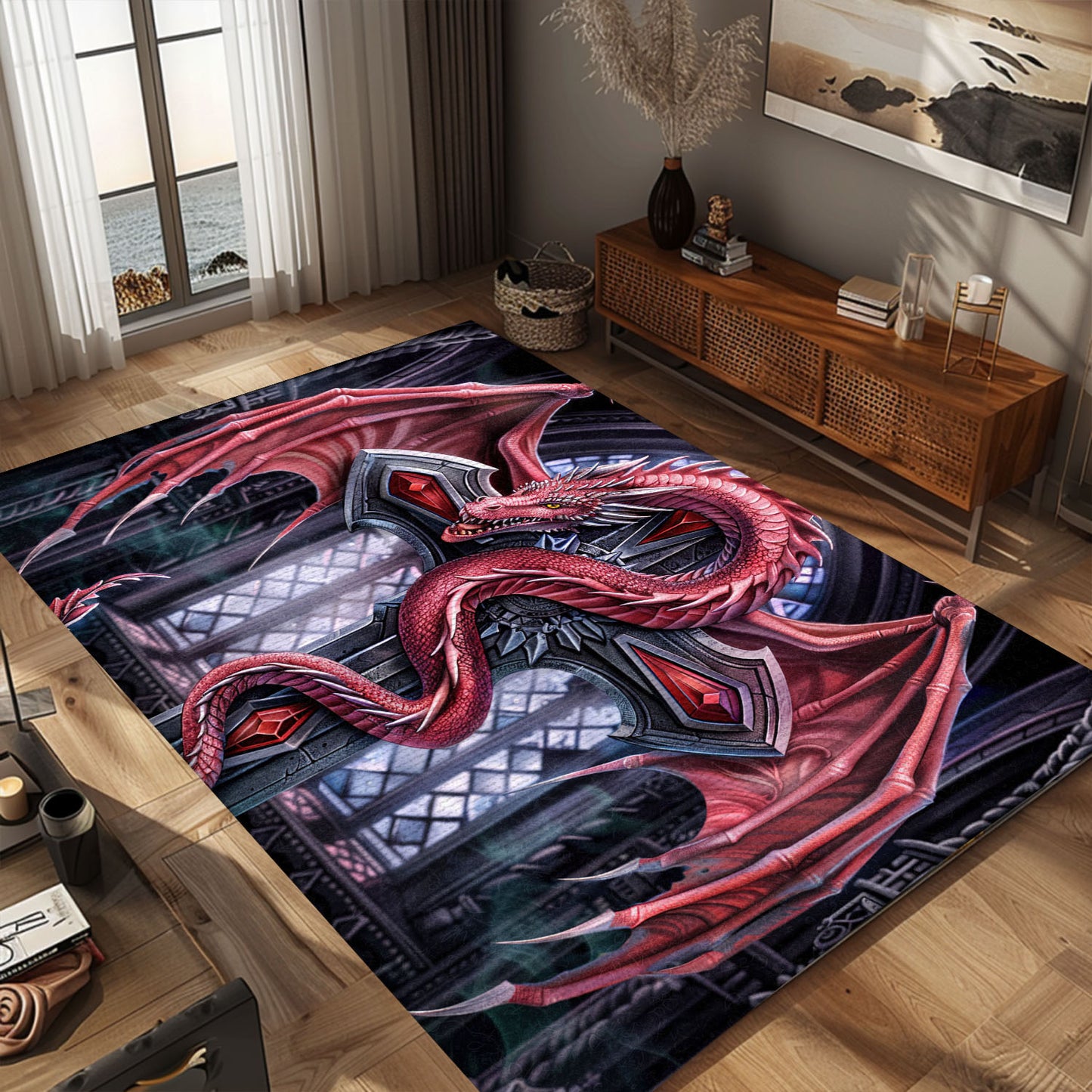 Red Dragon Coiled Around an Ornate Gothic-Style Silver Cross Area Rug, Adding a Mystical Touch to Your Space, Gift For Dragon Lovers, Personalized Dragon Rug for Living Room, Bedroom DG112