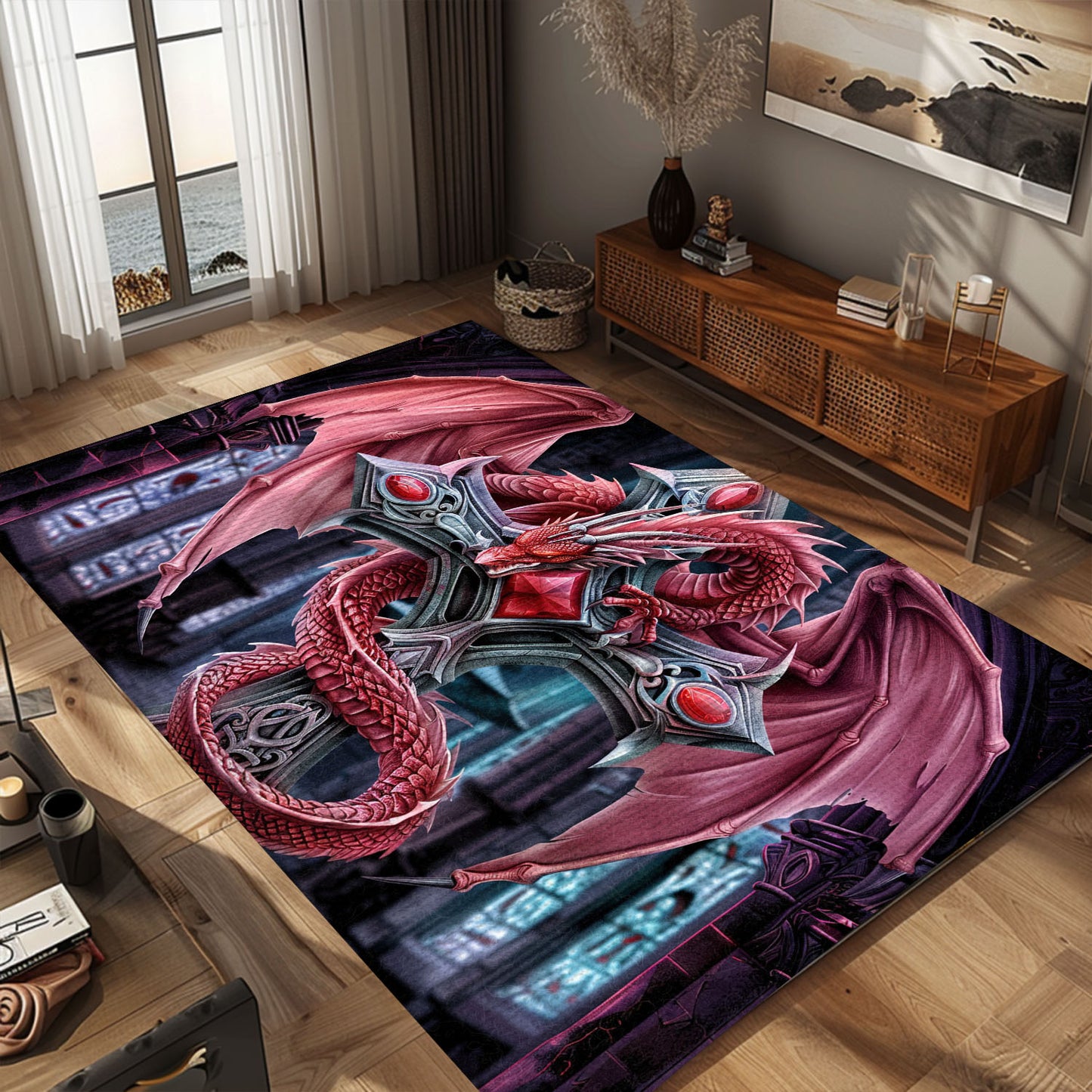 Fierce Red Dragon Coiled Around Ornate Silver Gothic-Style Cross Area Rug, Perfect for Gothic Fantasy Interiors, Gift For Dragon Lovers, Personalized Dragon Rug for Living Room, Bedroom DG110