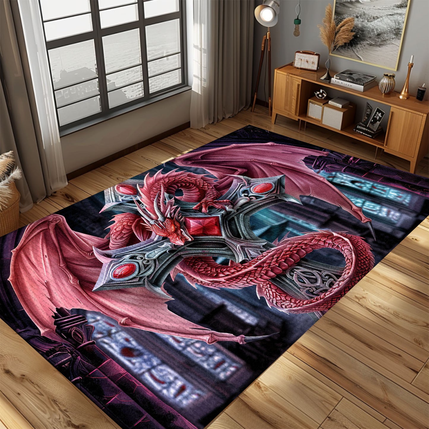 Fierce Red Dragon Coiled Around Ornate Silver Gothic-Style Cross Area Rug, Perfect for Gothic Fantasy Interiors, Gift For Dragon Lovers, Personalized Dragon Rug for Living Room, Bedroom DG110
