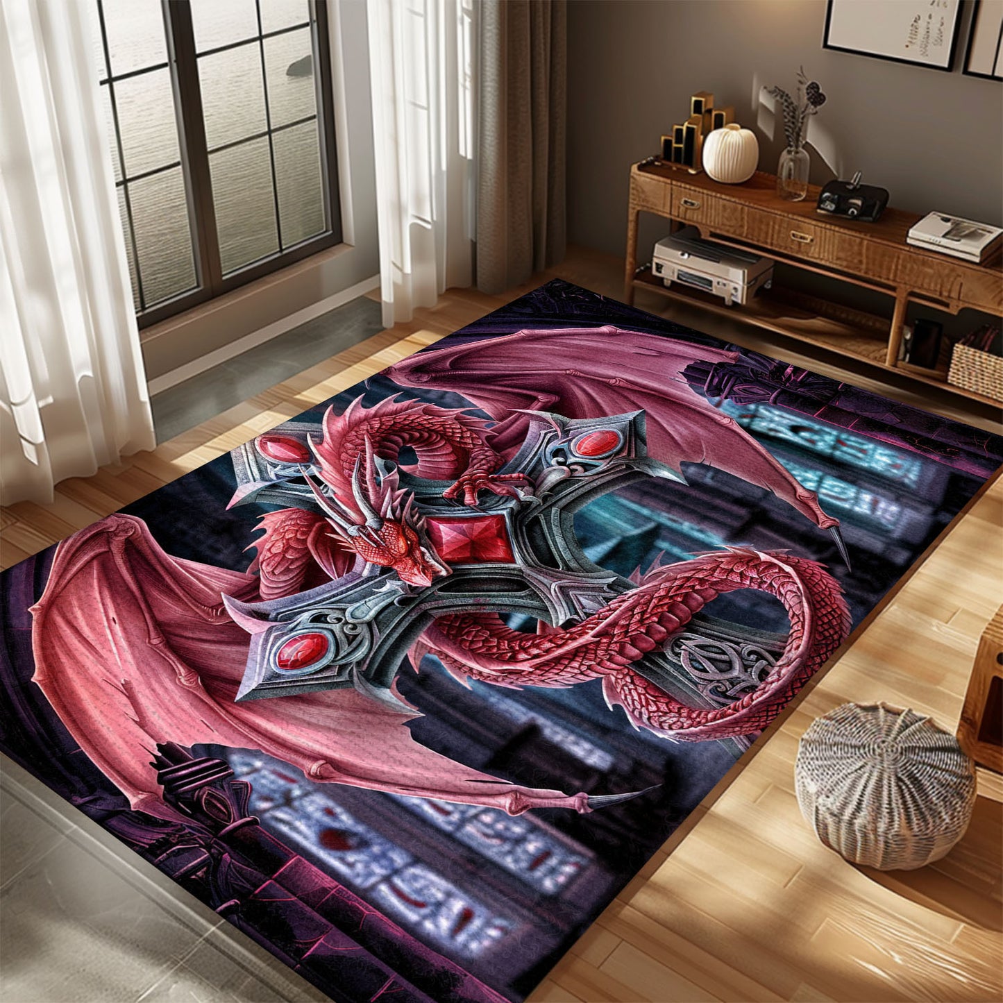 Fierce Red Dragon Coiled Around Ornate Silver Gothic-Style Cross Area Rug, Perfect for Gothic Fantasy Interiors, Gift For Dragon Lovers, Personalized Dragon Rug for Living Room, Bedroom DG110