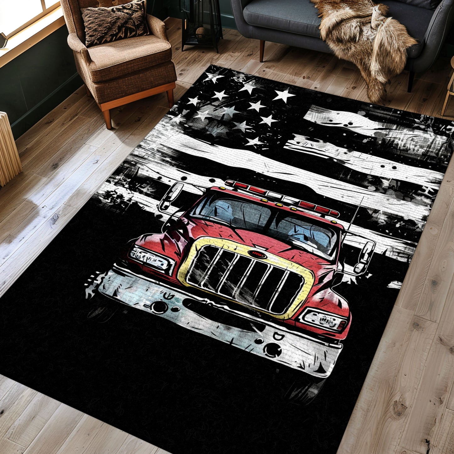 Patriotic Firefighter America Flag Personalized Rug: Symbolize Dedication to Service and Country, Firefighter Rugs for Living Room Bedroom, Firefighter Rectangular Rugs Full Size FR59