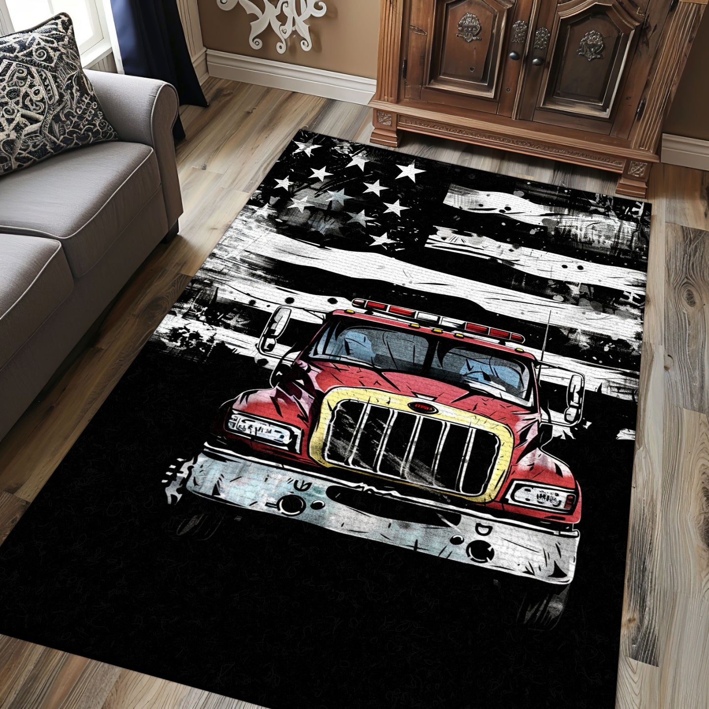 Patriotic Firefighter America Flag Personalized Rug: Symbolize Dedication to Service and Country, Firefighter Rugs for Living Room Bedroom, Firefighter Rectangular Rugs Full Size FR59