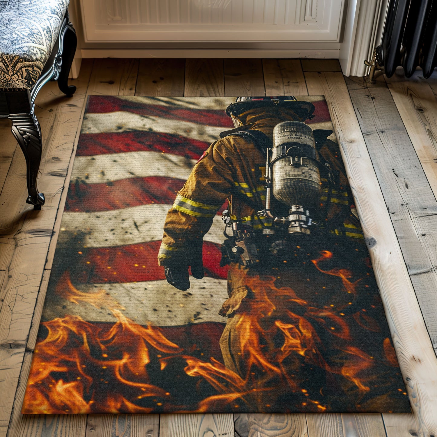 Bold Fire Truck in Front of USA Flag Rug: Honor First Responders and Country, Firefighter Rugs for Living Room Bedroom, Firefighter Rectangular Rugs Full Size FR44