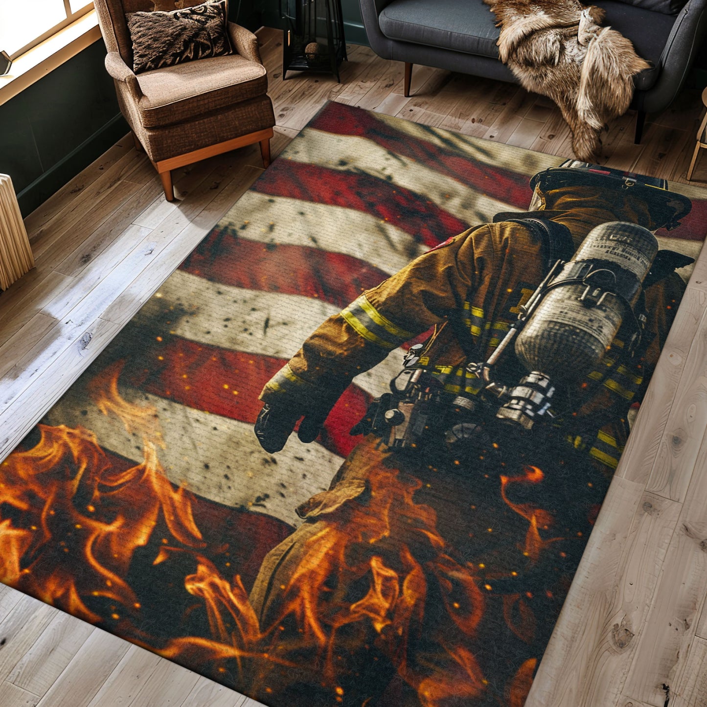 Bold Fire Truck in Front of USA Flag Rug: Honor First Responders and Country, Firefighter Rugs for Living Room Bedroom, Firefighter Rectangular Rugs Full Size FR44