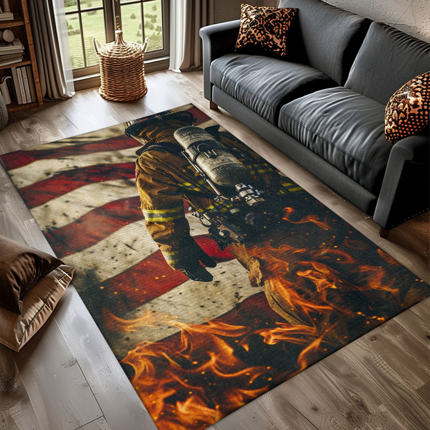 Bold Fire Truck in Front of USA Flag Rug: Honor First Responders and Country, Firefighter Rugs for Living Room Bedroom, Firefighter Rectangular Rugs Full Size FR44