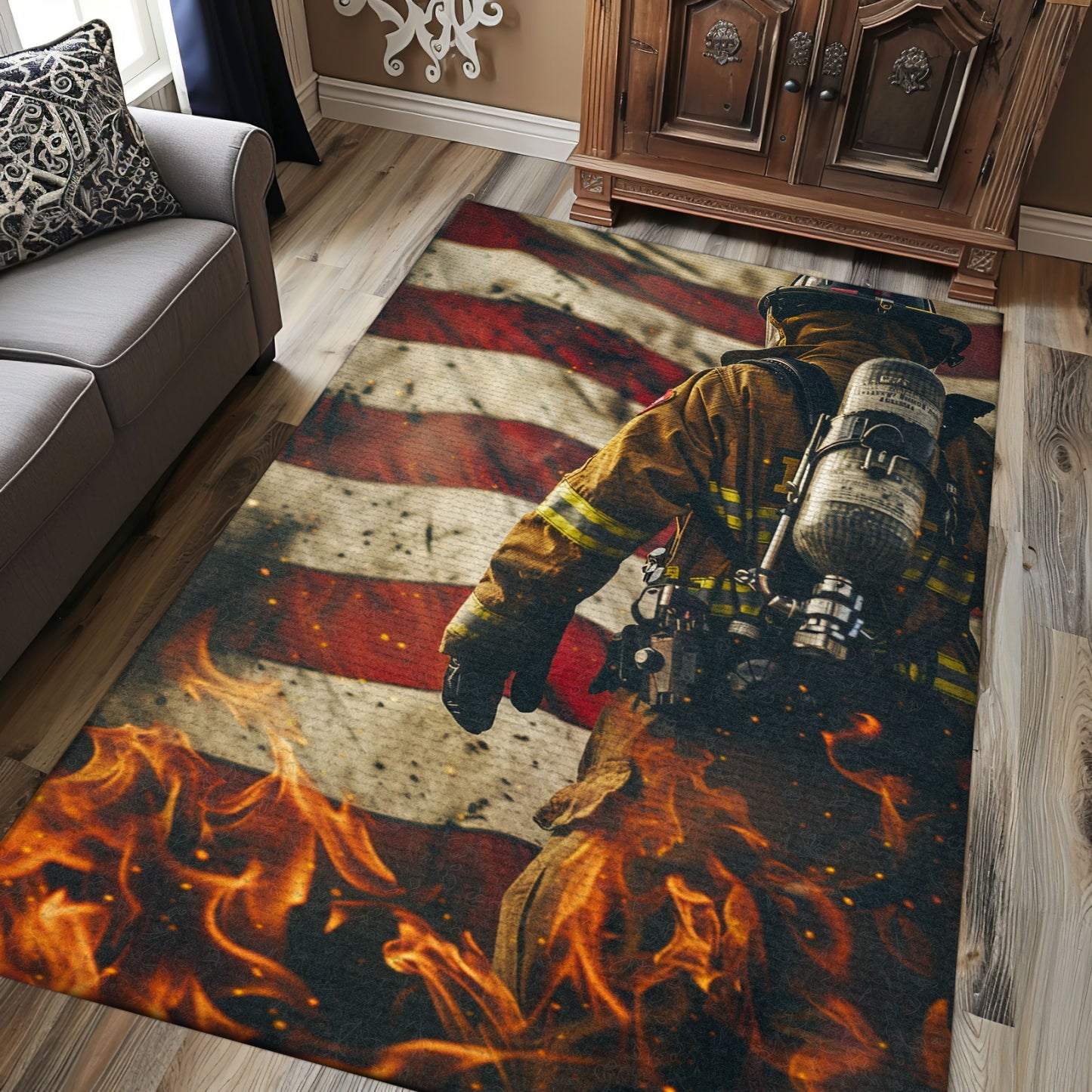 Bold Fire Truck in Front of USA Flag Rug: Honor First Responders and Country, Firefighter Rugs for Living Room Bedroom, Firefighter Rectangular Rugs Full Size FR44