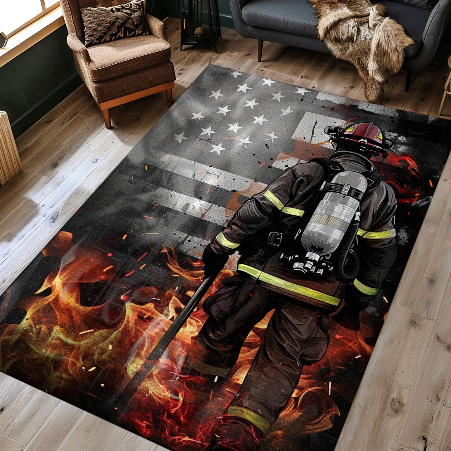 Courageous Firefighter Dad and Son Rug: Celebrate Family and Bravery, Firefighter Rugs for Living Room Bedroom, Firefighter Rectangular Rugs Full Size FR42