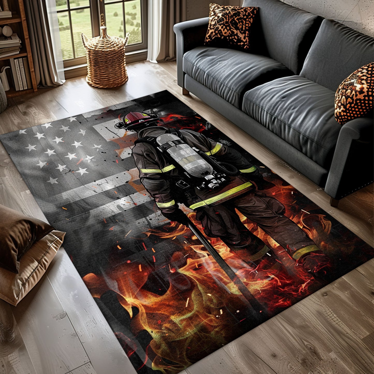 Courageous Firefighter Dad and Son Rug: Celebrate Family and Bravery, Firefighter Rugs for Living Room Bedroom, Firefighter Rectangular Rugs Full Size FR42