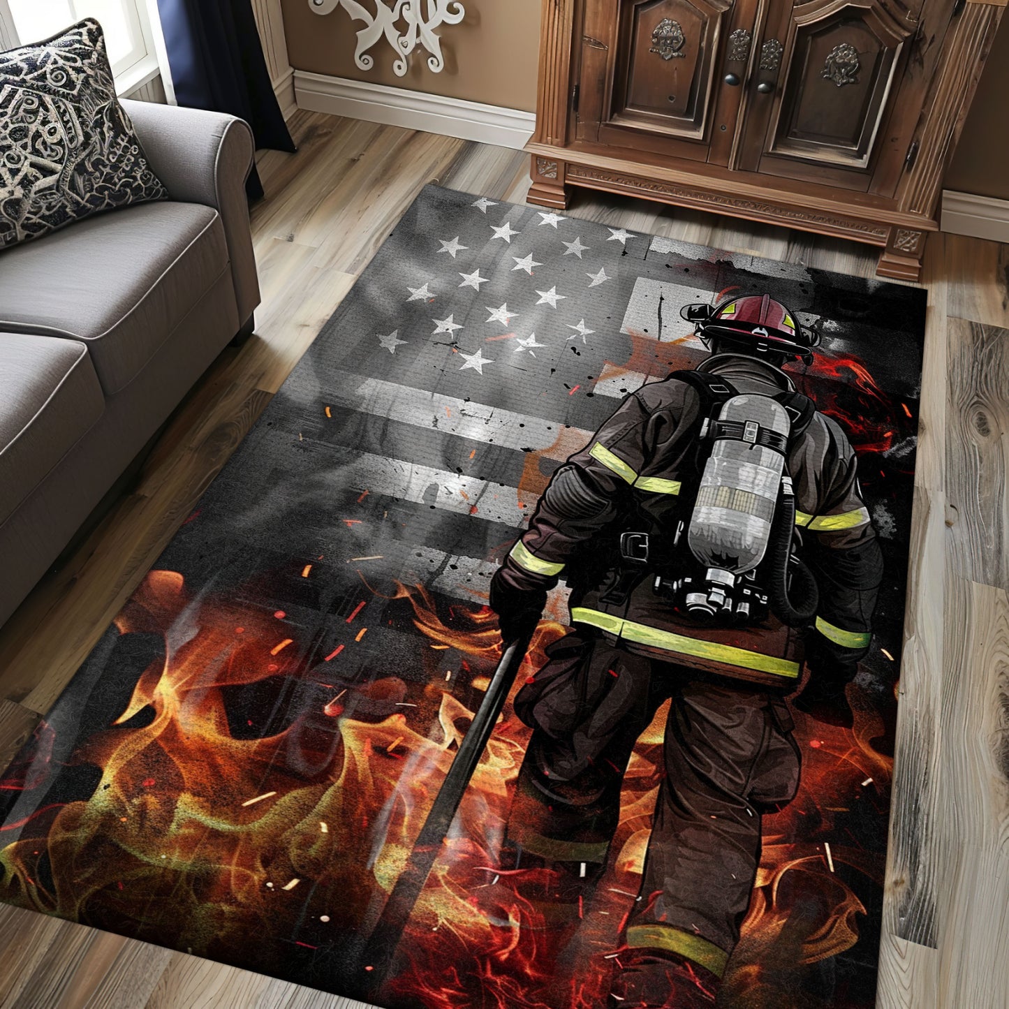 Courageous Firefighter Dad and Son Rug: Celebrate Family and Bravery, Firefighter Rugs for Living Room Bedroom, Firefighter Rectangular Rugs Full Size FR42
