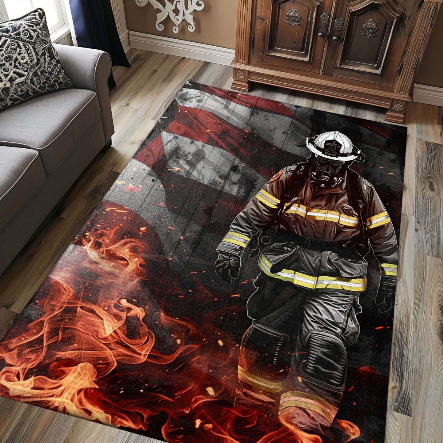 Heroic Firefighter Escaping Smoke and Fire Rug: Symbolize Courage in Your Home, Firefighter Rugs for Living Room Bedroom, Firefighter Rectangular Rugs Full Size FR41
