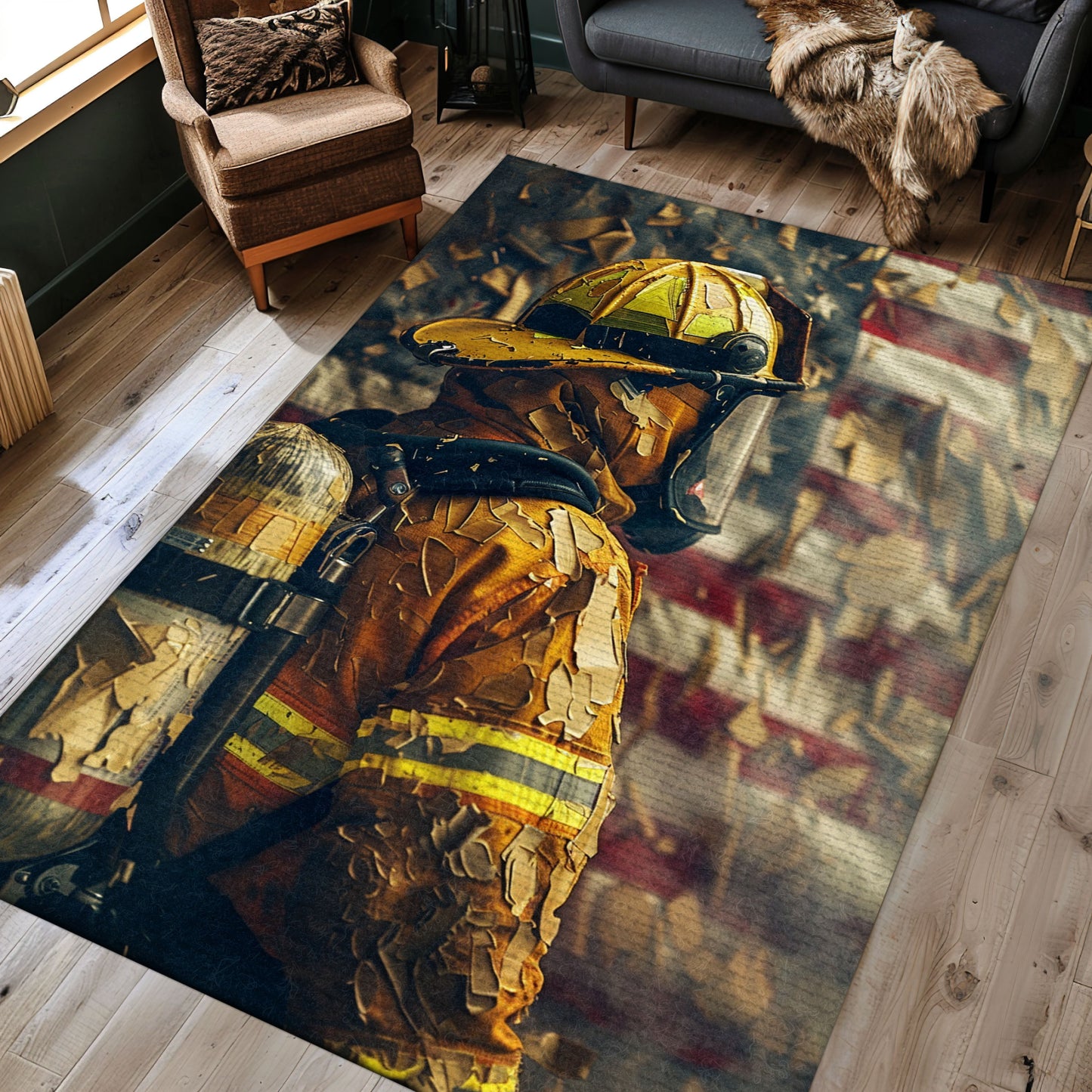 Firefighter Escaping Smoke and Fire Heroic Area Rug: Tribute to Brave First Responders, Firefighter Rugs for Living Room Bedroom, Firefighter Rectangular Rugs Full Size FR36